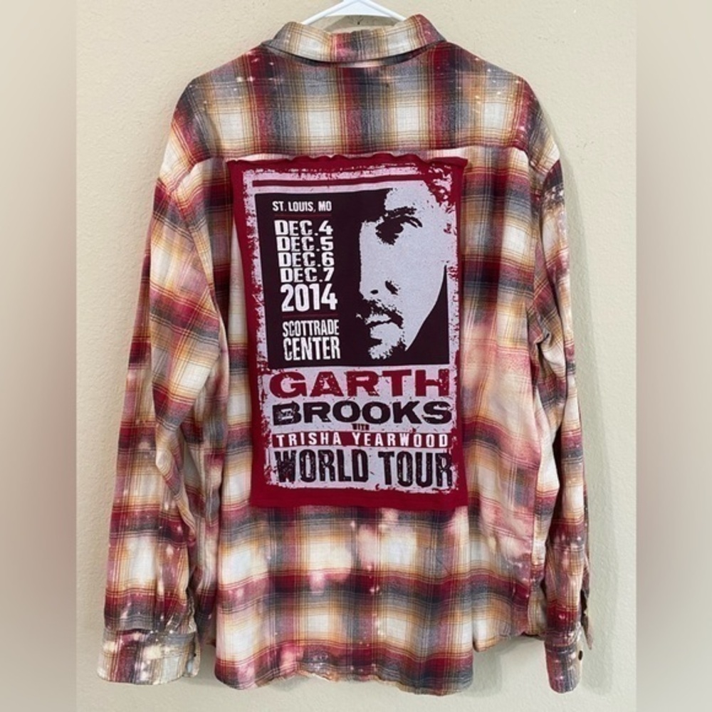 Upcycled Garth Brooks 2014 Concert Tour Flannel Bleach Dyed Button Down Shirt